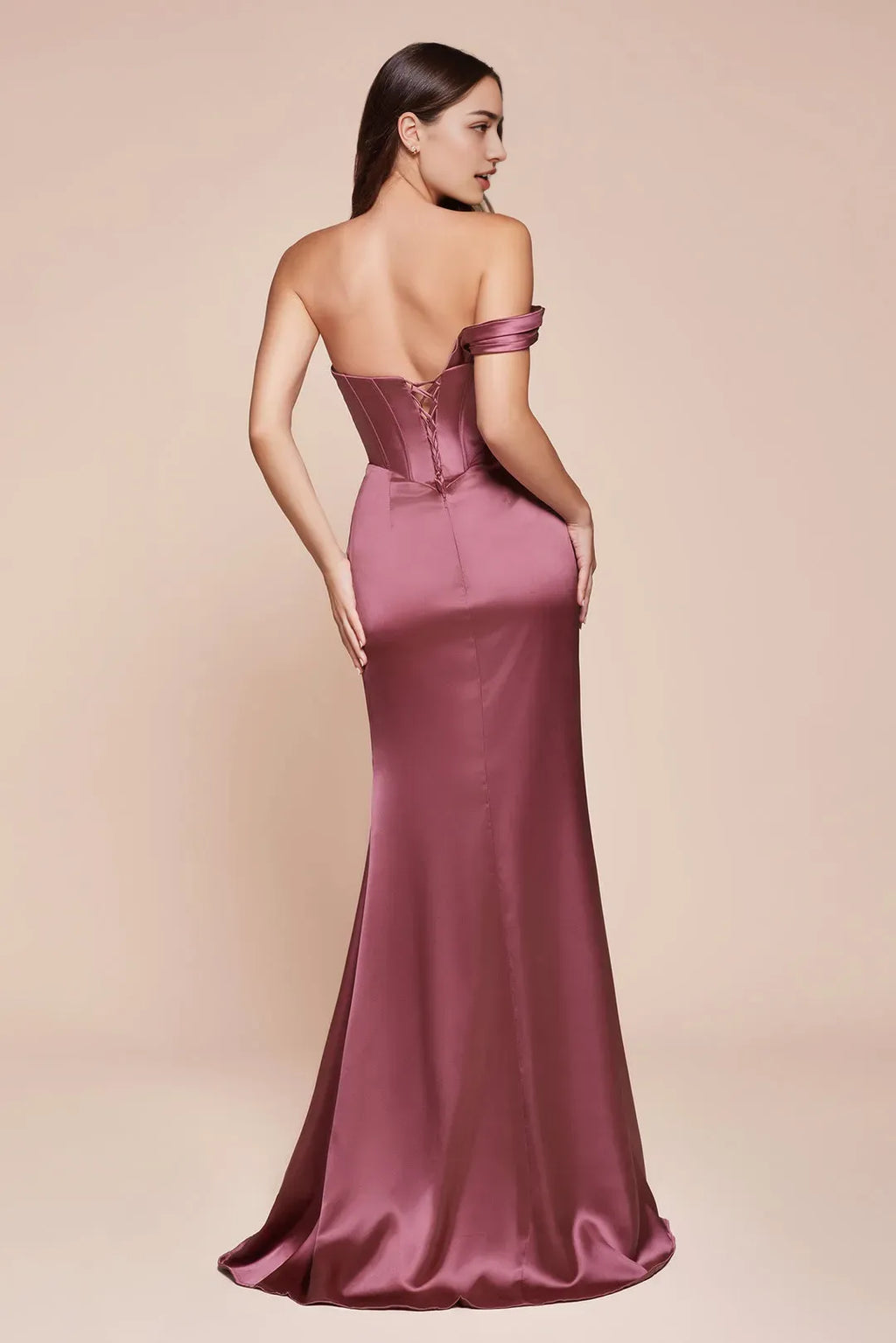 Mauve Off - Shoulder Prom Dress with Draped Details and High Slit