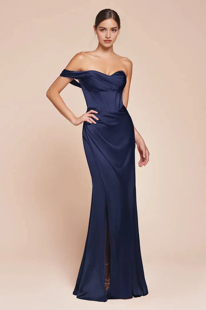 Mauve Off - Shoulder Prom Dress with Draped Details and High Slit