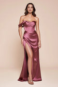 Mauve Off - Shoulder Prom Dress with Draped Details and High Slit
