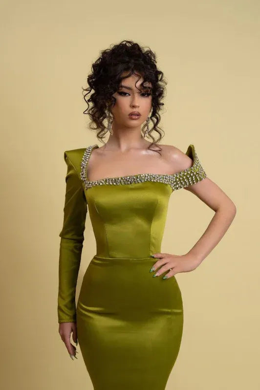 Mermaid Asymmetrical Neck One Sleeve Beaded Olive Train Evening Dress