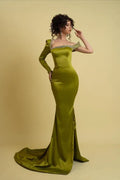 Mermaid Asymmetrical Neck One Sleeve Beaded Olive Train Evening Dress