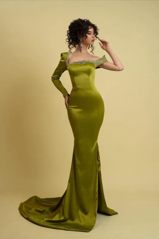 Mermaid Asymmetrical Neck One Sleeve Beaded Olive Train Evening Dress