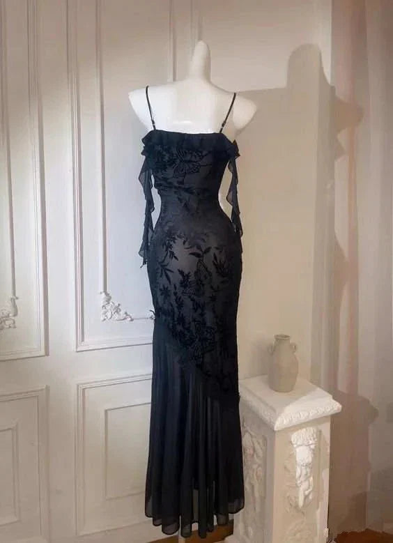 Black Mermaid Cold-Shoulder Velvet-Burnout Evening Dress