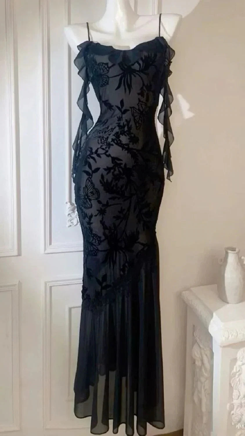 Black Mermaid Cold-Shoulder Velvet-Burnout Evening Dress