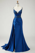 Stylish Refined Beautiful Elegant Royal Blue Satin Mermaid Sleeveless Floor-Length Prom Dress