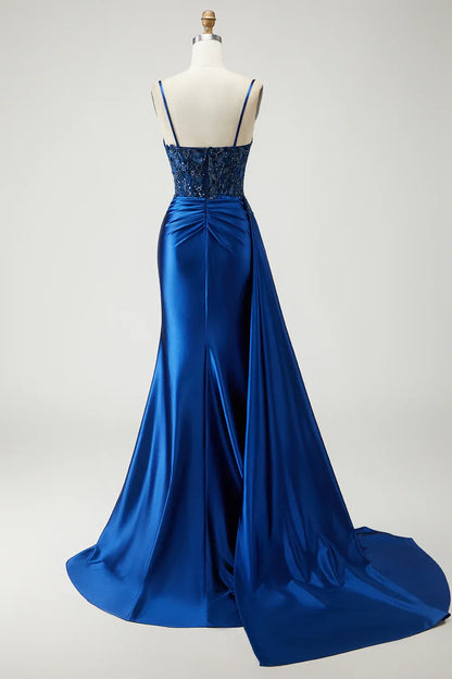 Stylish Refined Beautiful Elegant Royal Blue Satin Mermaid Sleeveless Floor-Length Prom Dress