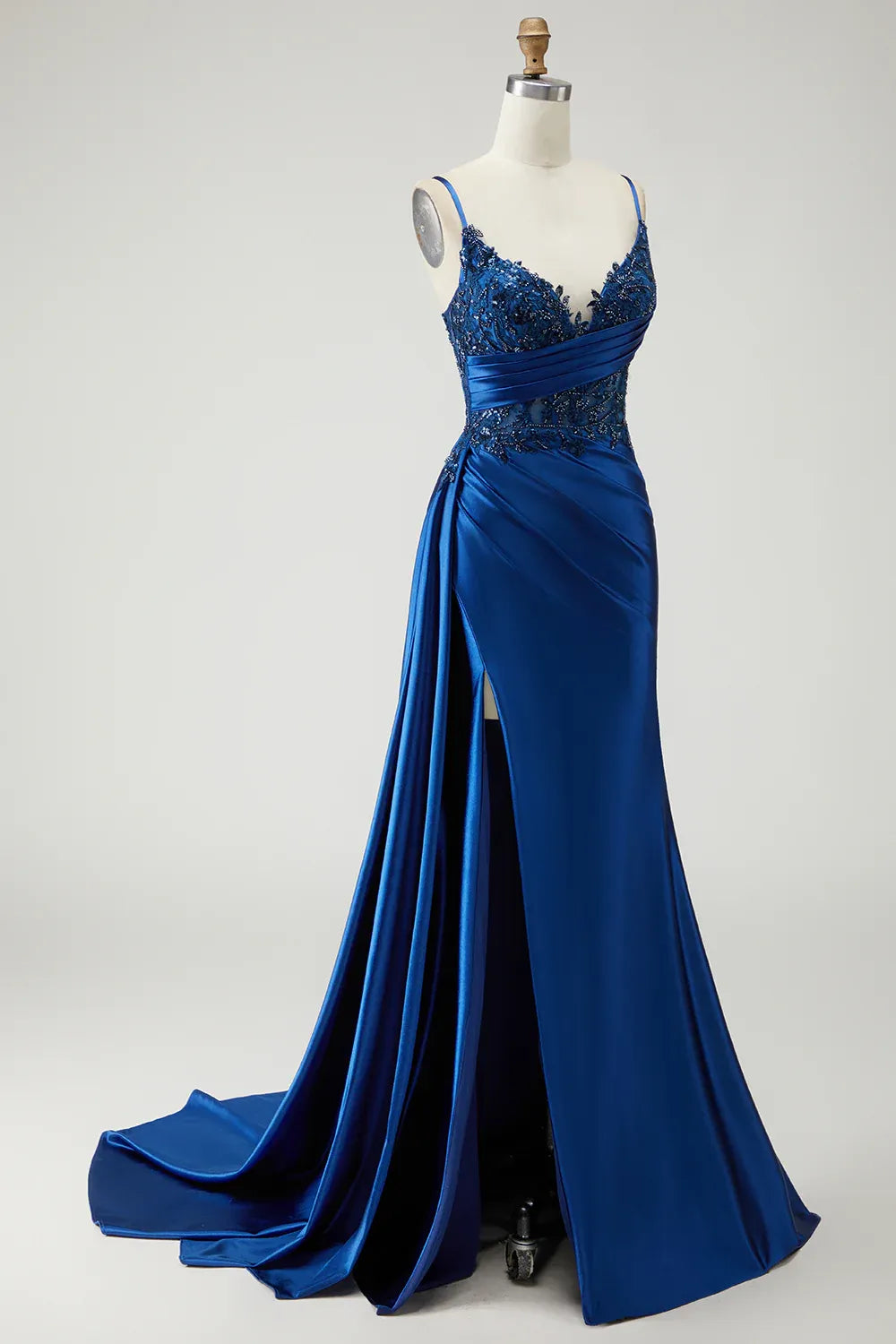 Stylish Refined Beautiful Elegant Royal Blue Satin Mermaid Sleeveless Floor-Length Prom Dress