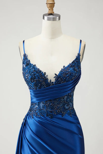 Stylish Refined Beautiful Elegant Royal Blue Satin Mermaid Sleeveless Floor-Length Prom Dress