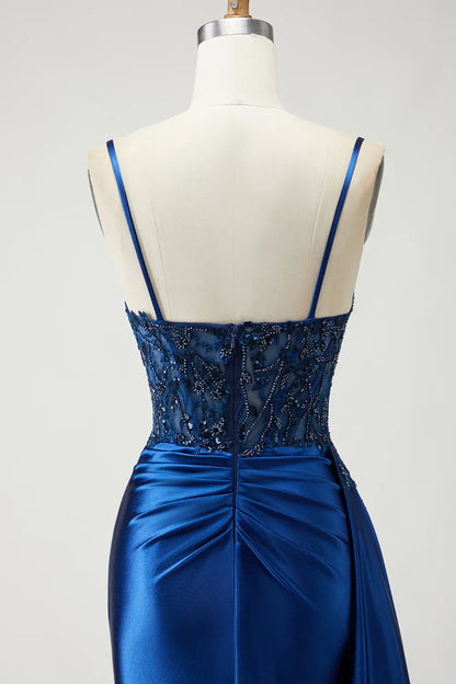 Stylish Refined Beautiful Elegant Royal Blue Satin Mermaid Sleeveless Floor-Length Prom Dress