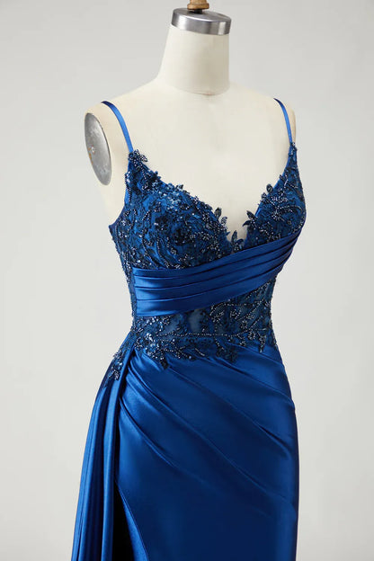 Stylish Refined Beautiful Elegant Royal Blue Satin Mermaid Sleeveless Floor-Length Prom Dress