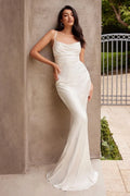 White Mermaid Cowl-Neck Sleeveless Ruched Long Prom Dresses