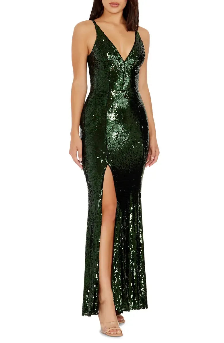 Special Occasion Elegant Rose Gold Sequin Mermaid V-Neck Sleeveless Floor-Length Prom Dress