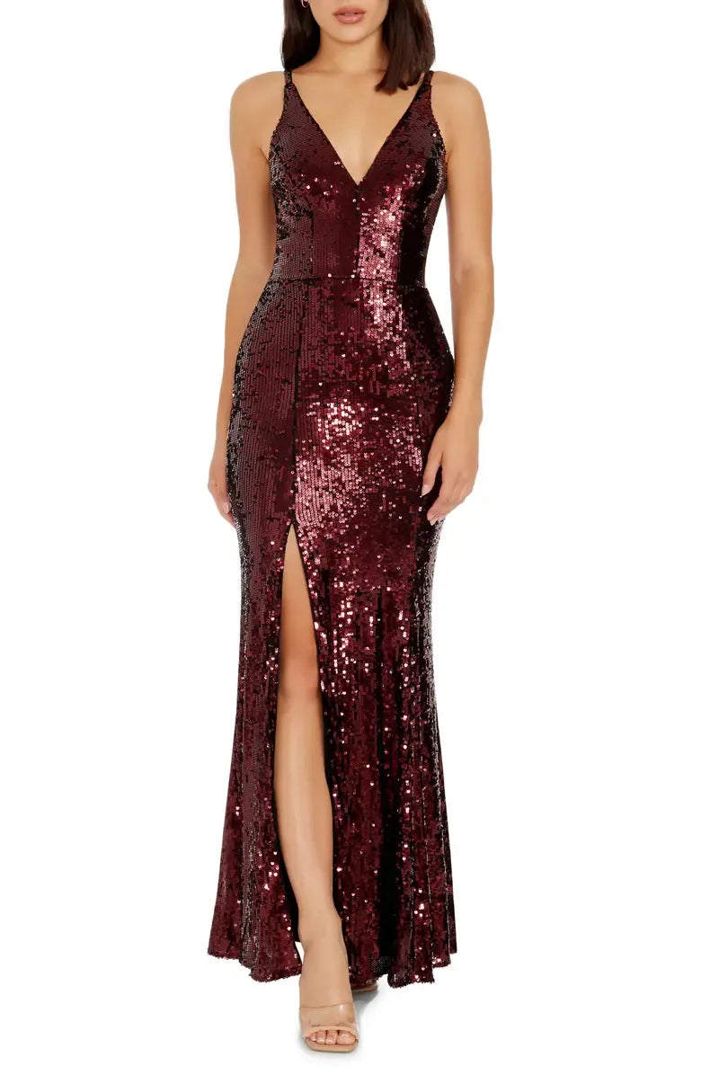 Special Occasion Elegant Rose Gold Sequin Mermaid V-Neck Sleeveless Floor-Length Prom Dress