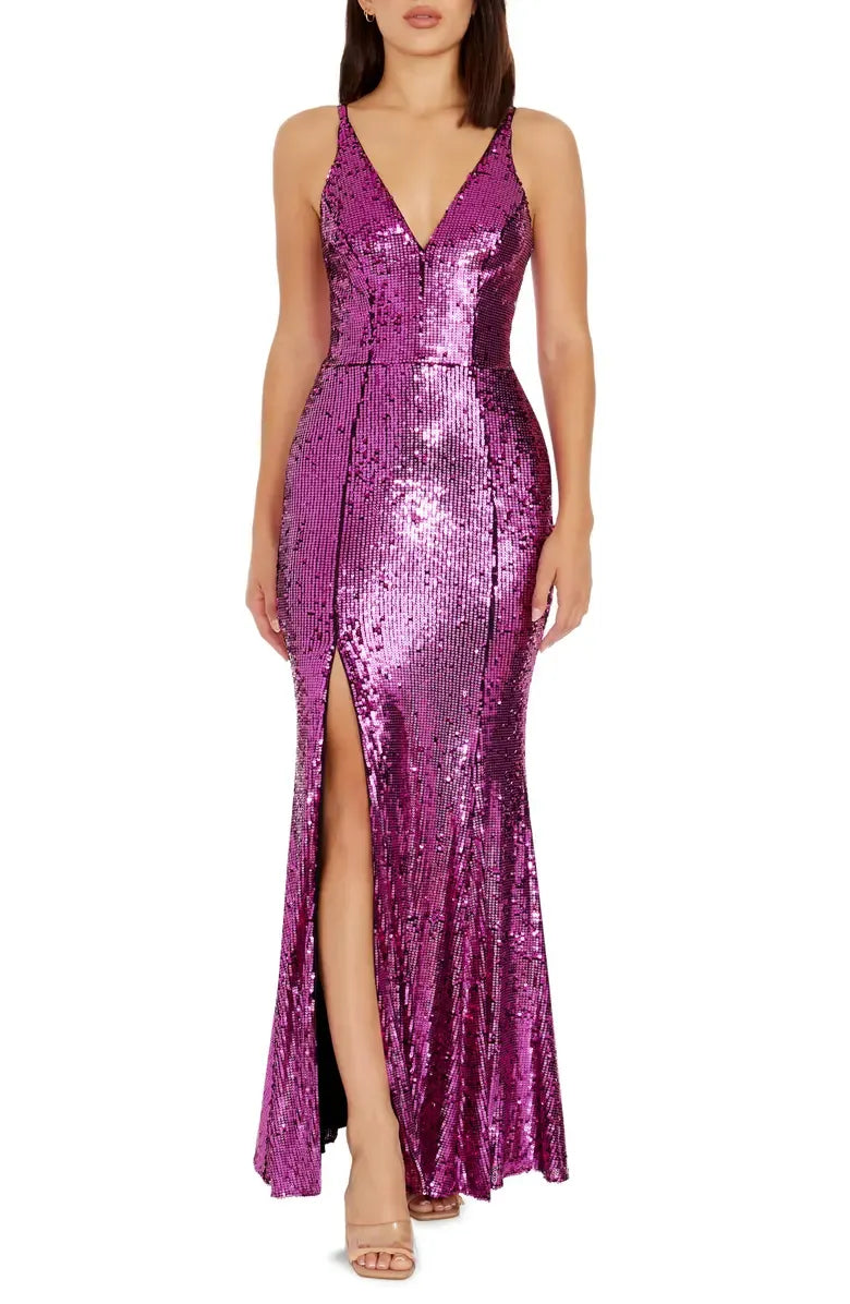 Special Occasion Elegant Rose Gold Sequin Mermaid V-Neck Sleeveless Floor-Length Prom Dress