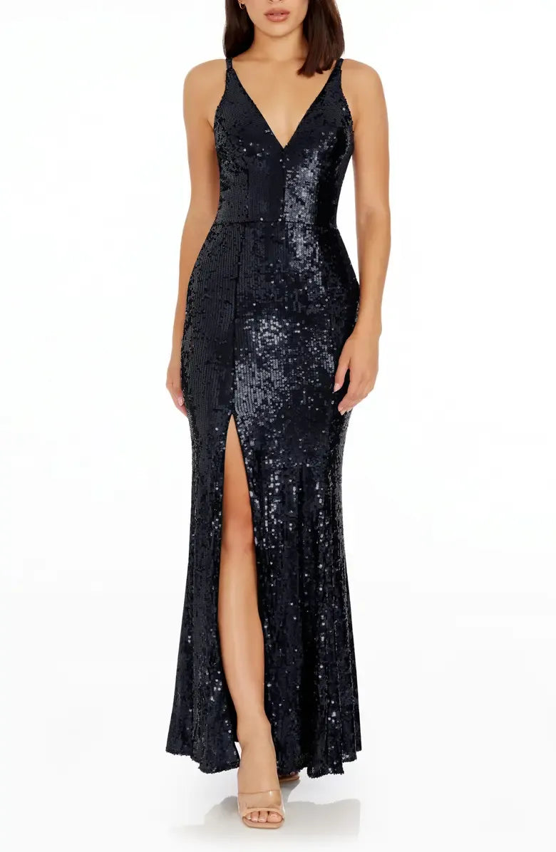 Special Occasion Elegant Rose Gold Sequin Mermaid V-Neck Sleeveless Floor-Length Prom Dress