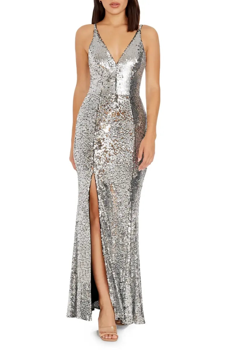 Special Occasion Elegant Rose Gold Sequin Mermaid V-Neck Sleeveless Floor-Length Prom Dress