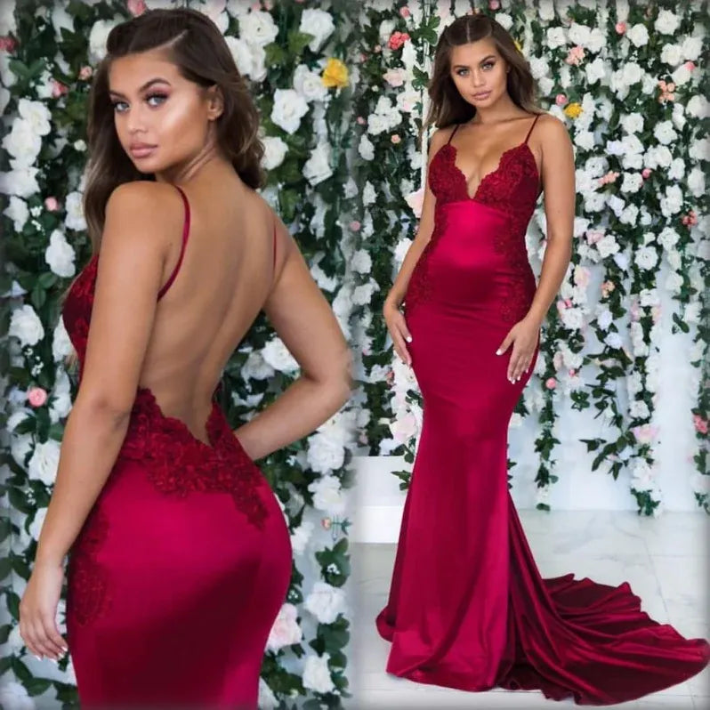 Burgundy Mermaid Deep V Neck Applique Train Evening Dress