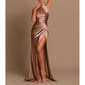 Mermaid Halter-Neck Sleeveless Ruched Champagne Floor-Length Prom Dress