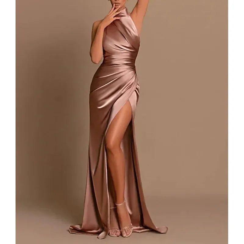 Mermaid Halter-Neck Sleeveless Ruched Champagne Floor-Length Prom Dress