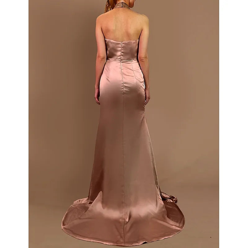 Mermaid Halter-Neck Sleeveless Ruched Champagne Floor-Length Prom Dress