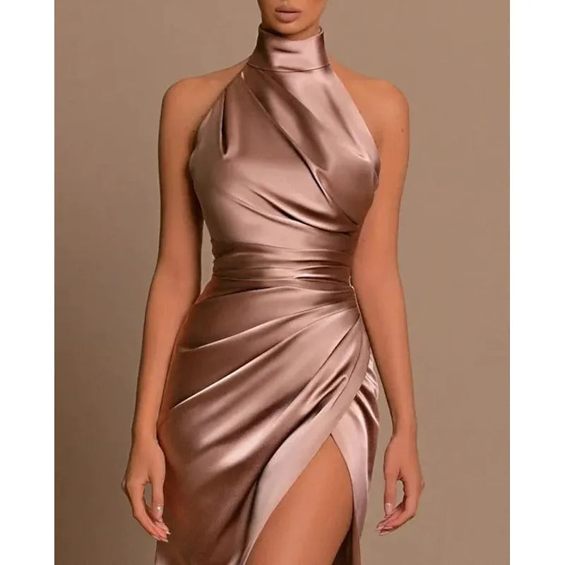 Mermaid Halter-Neck Sleeveless Ruched Champagne Floor-Length Prom Dress