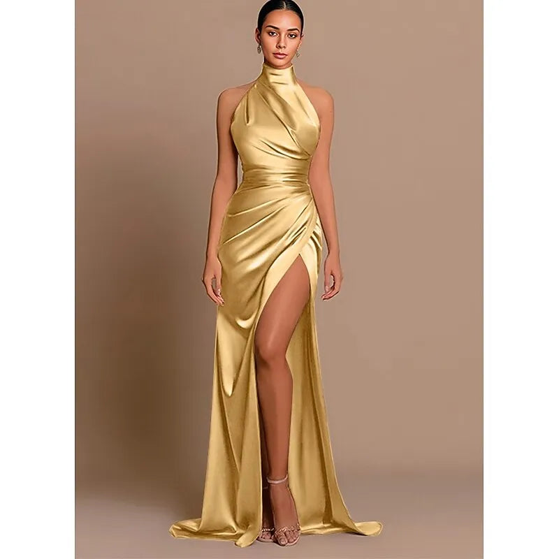 Mermaid Halter-Neck Sleeveless Ruched Champagne Floor-Length Prom Dress