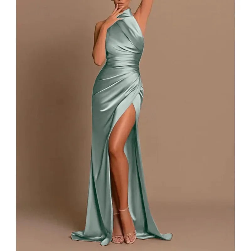 Mermaid Halter-Neck Sleeveless Ruched Champagne Floor-Length Prom Dress