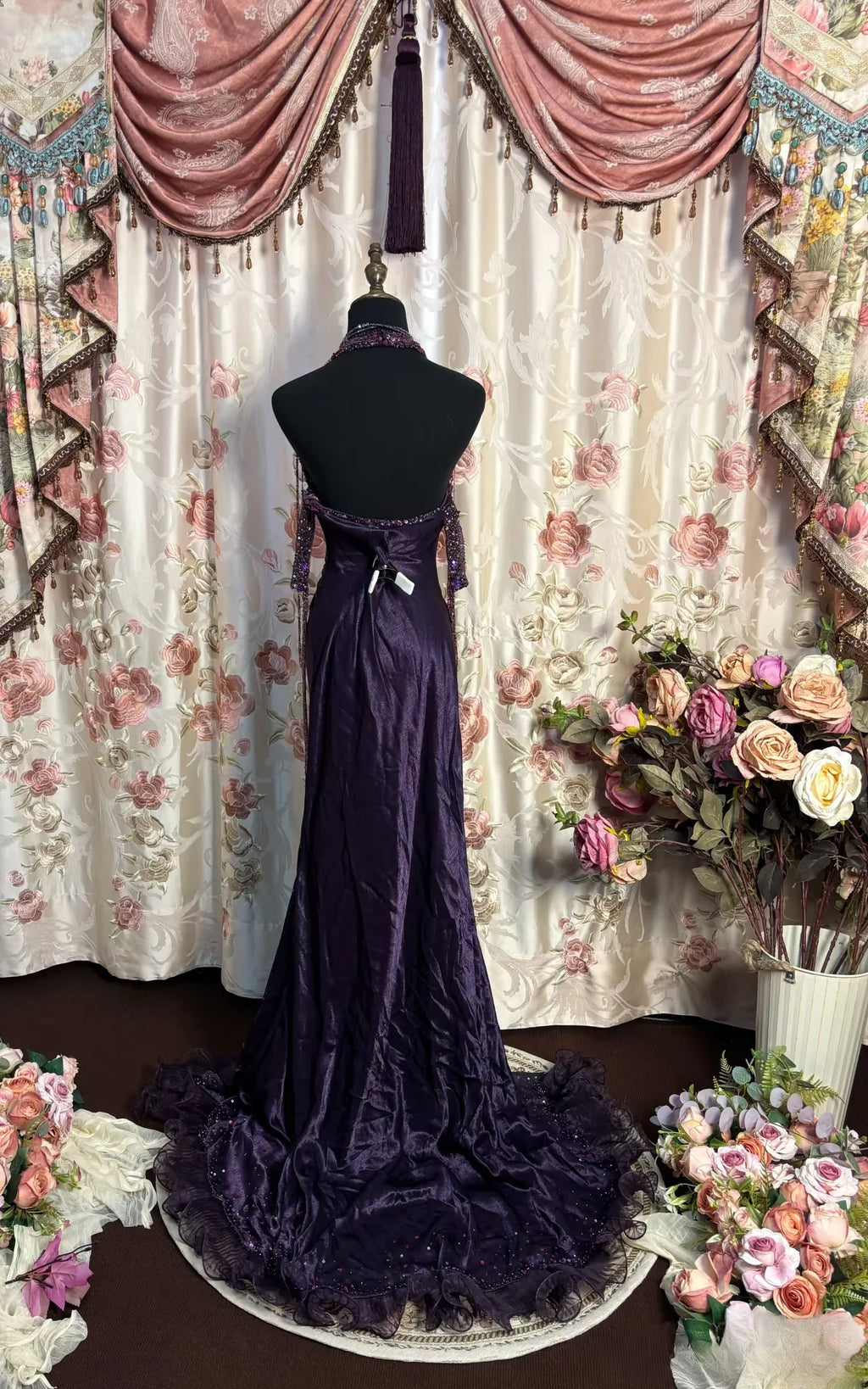 Purple Mermaid Halter Beaded Maxi Prom Dress