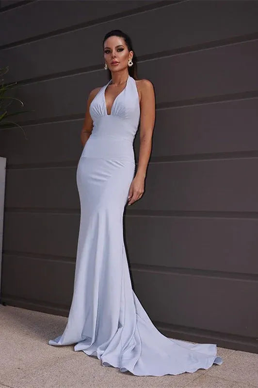 Sky Blue Mermaid Halter Bow Back Sky Maxi Prom Dress