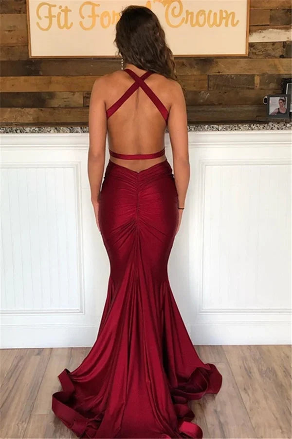 Burgundy Mermaid Halter Cutout Maxi Prom Dress