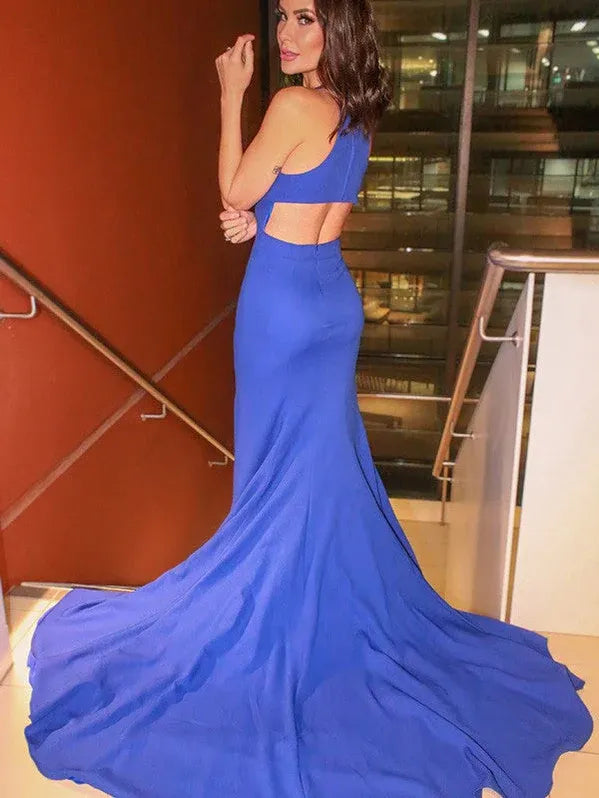 Blue Mermaid Halter Cutout Royal Slit Train Prom Dress
