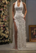 White Mermaid Halter Floral Maxi Prom Dress