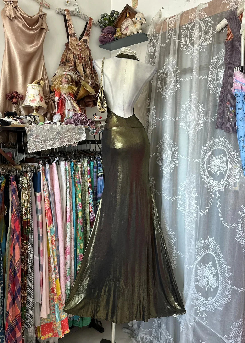 Green Mermaid Halter Metallic Olive Maxi Prom Dress
