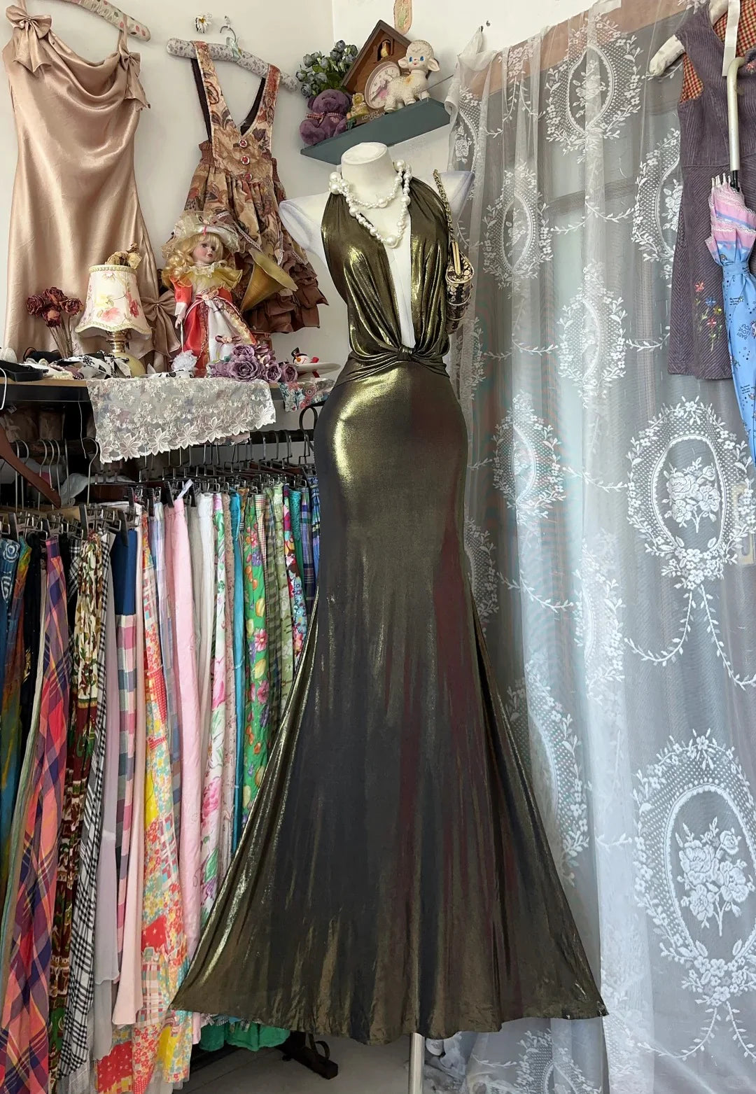 Green Mermaid Halter Metallic Olive Maxi Prom Dress