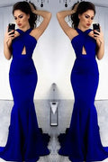 Blue Mermaid Halter Neck Cutout Royal Floor-Length Evening Dresses