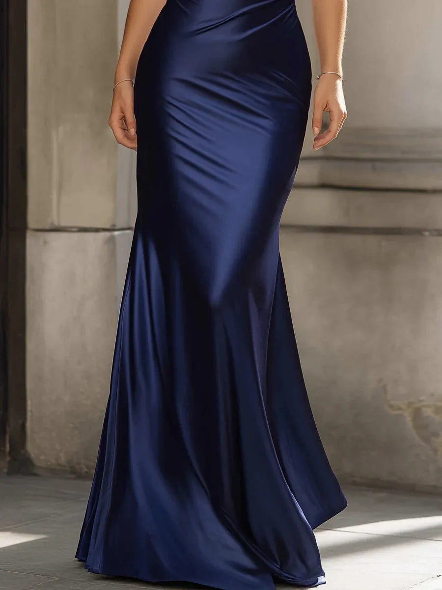 Navy Mermaid Halter Neck Ruched Floor-Length Evening Dresses