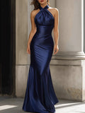 Navy Mermaid Halter Neck Ruched Floor-Length Evening Dresses