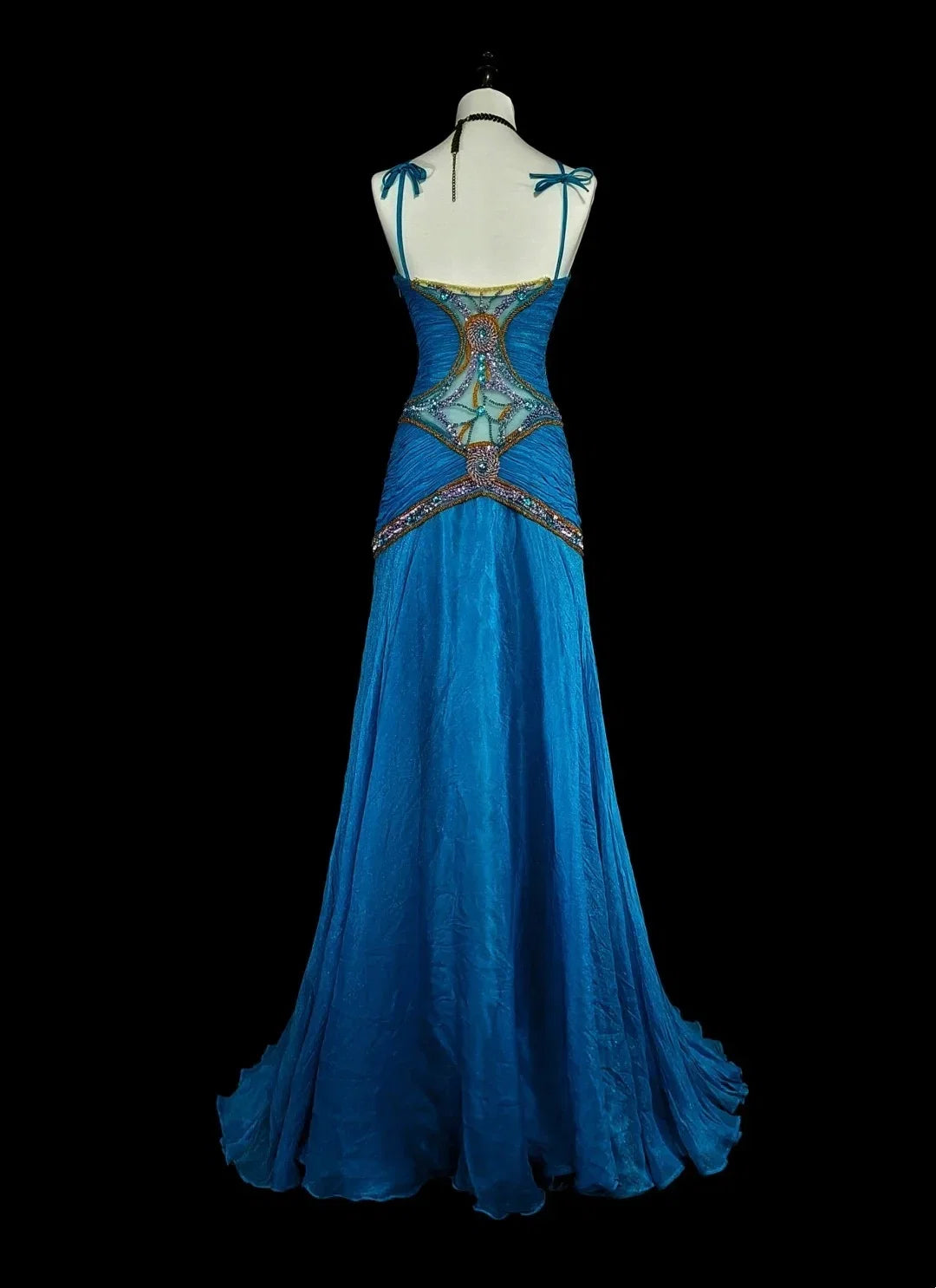 Blue Mermaid Halter Neck Sleeveless Beaded Maxi Prom Dress