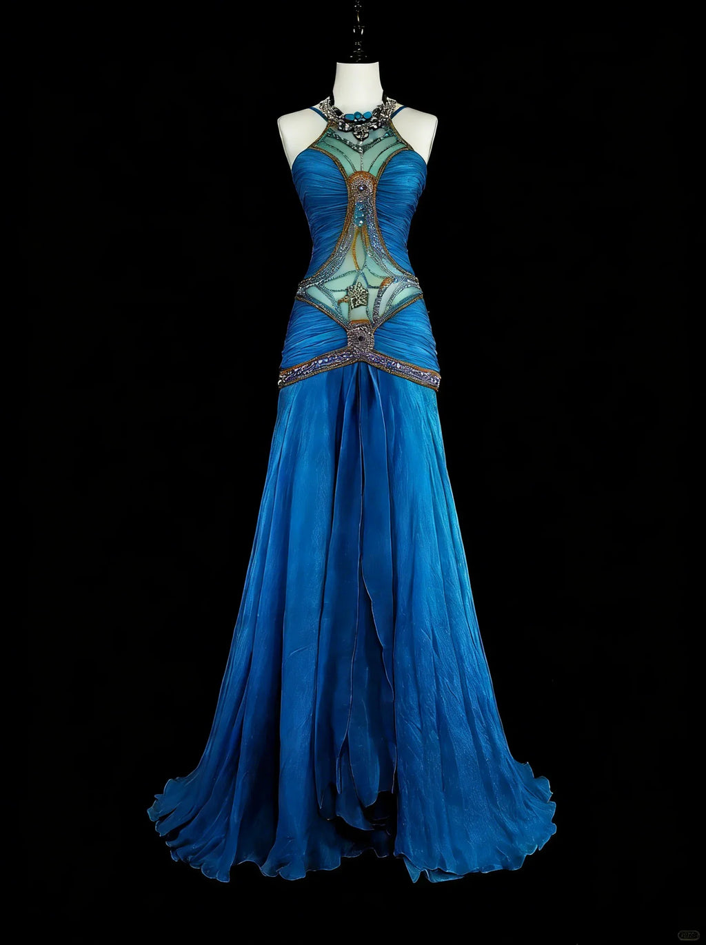 Blue Mermaid Halter Neck Sleeveless Beaded Maxi Prom Dress