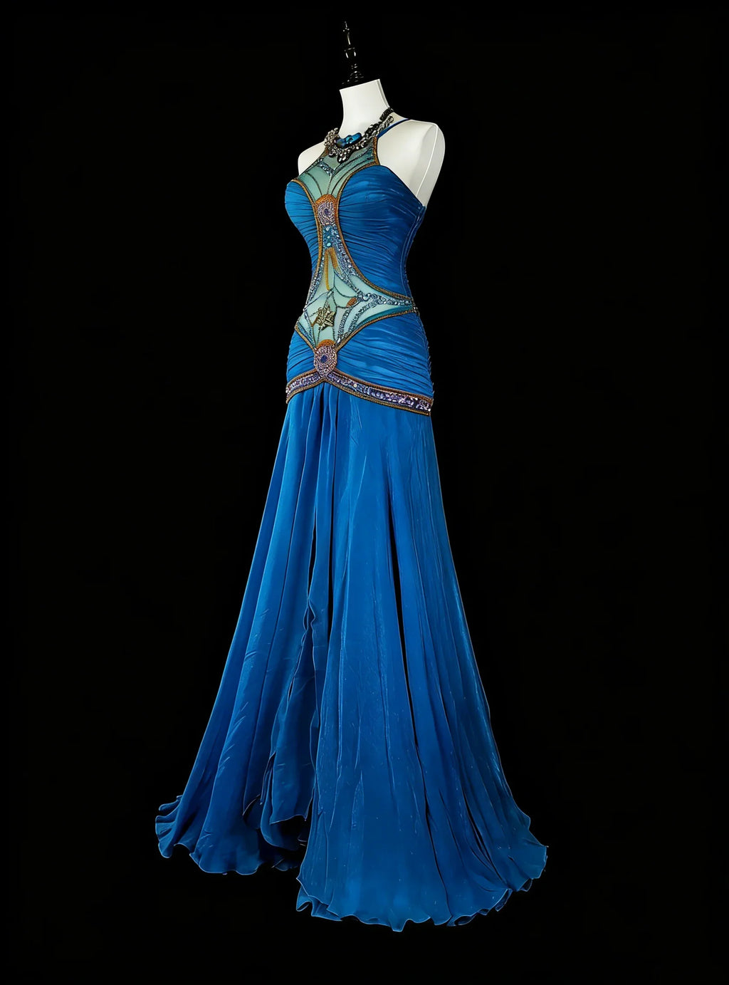 Blue Mermaid Halter Neck Sleeveless Beaded Maxi Prom Dress