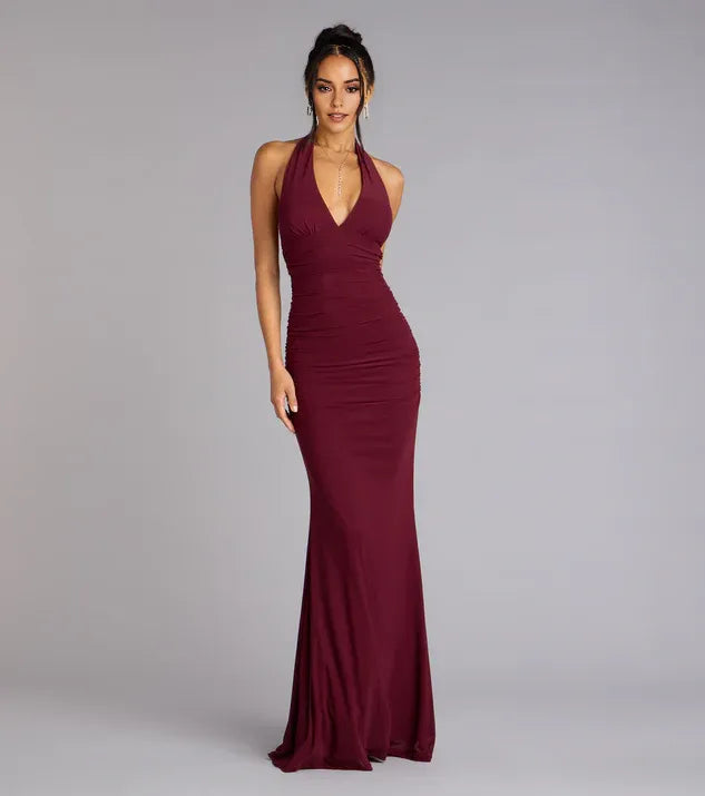Mermaid Halter Neck Sleeveless Ruched Open strappy back Lace-Up Floor-Length Prom Dresses