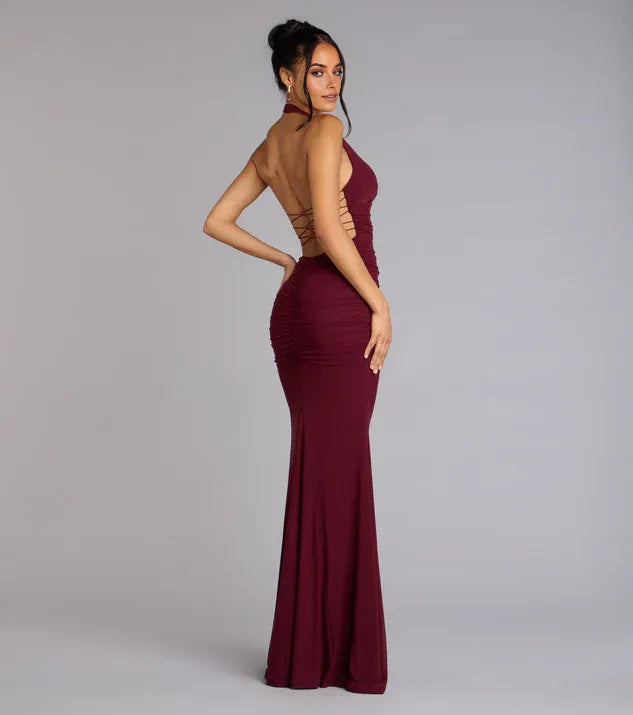 Mermaid Halter Neck Sleeveless Ruched Open strappy back Lace-Up Floor-Length Prom Dresses