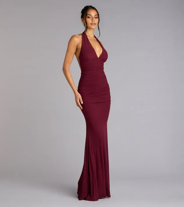 Mermaid Halter Neck Sleeveless Ruched Open strappy back Lace-Up Floor-Length Prom Dresses