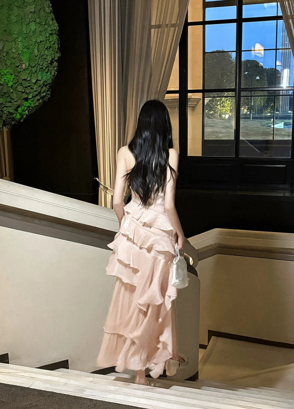Mermaid Halter Neck Sleeveless Ruffled Blush Maxi Prom Dress