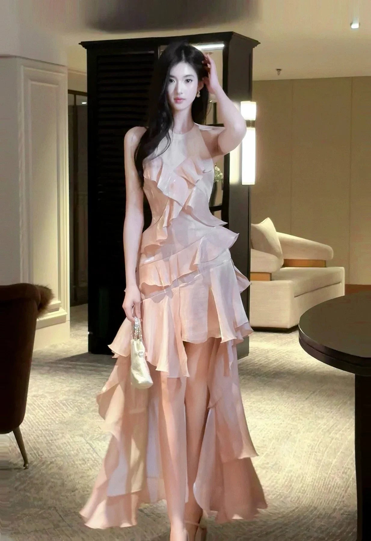 Mermaid Halter Neck Sleeveless Ruffled Blush Maxi Prom Dress