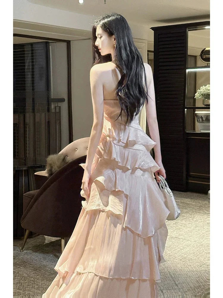 Mermaid Halter Neck Sleeveless Ruffled Blush Maxi Prom Dress