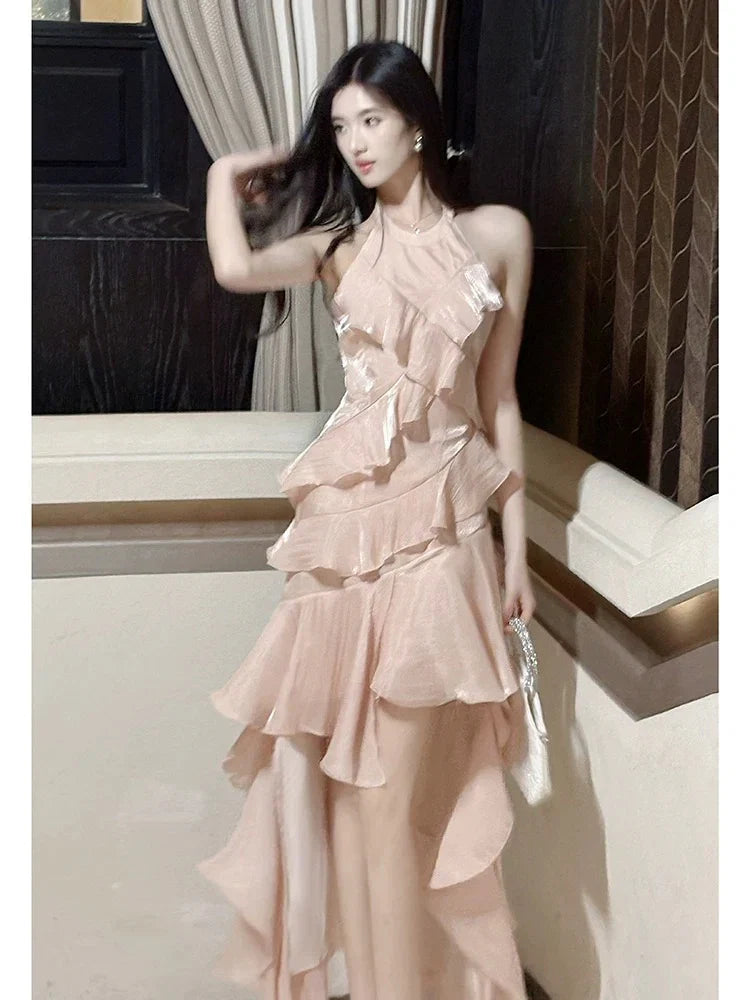 Mermaid Halter Neck Sleeveless Ruffled Blush Maxi Prom Dress