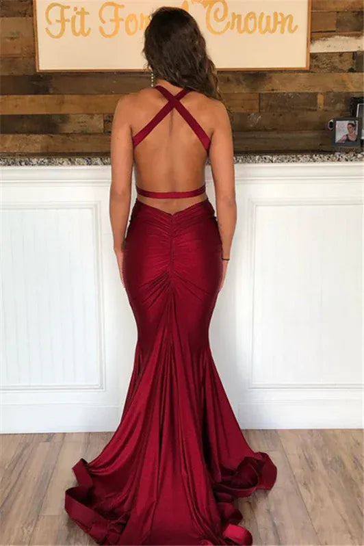 Burgundy Mermaid V-Neck Ruched Evening Dress For Ladies Hot Sale