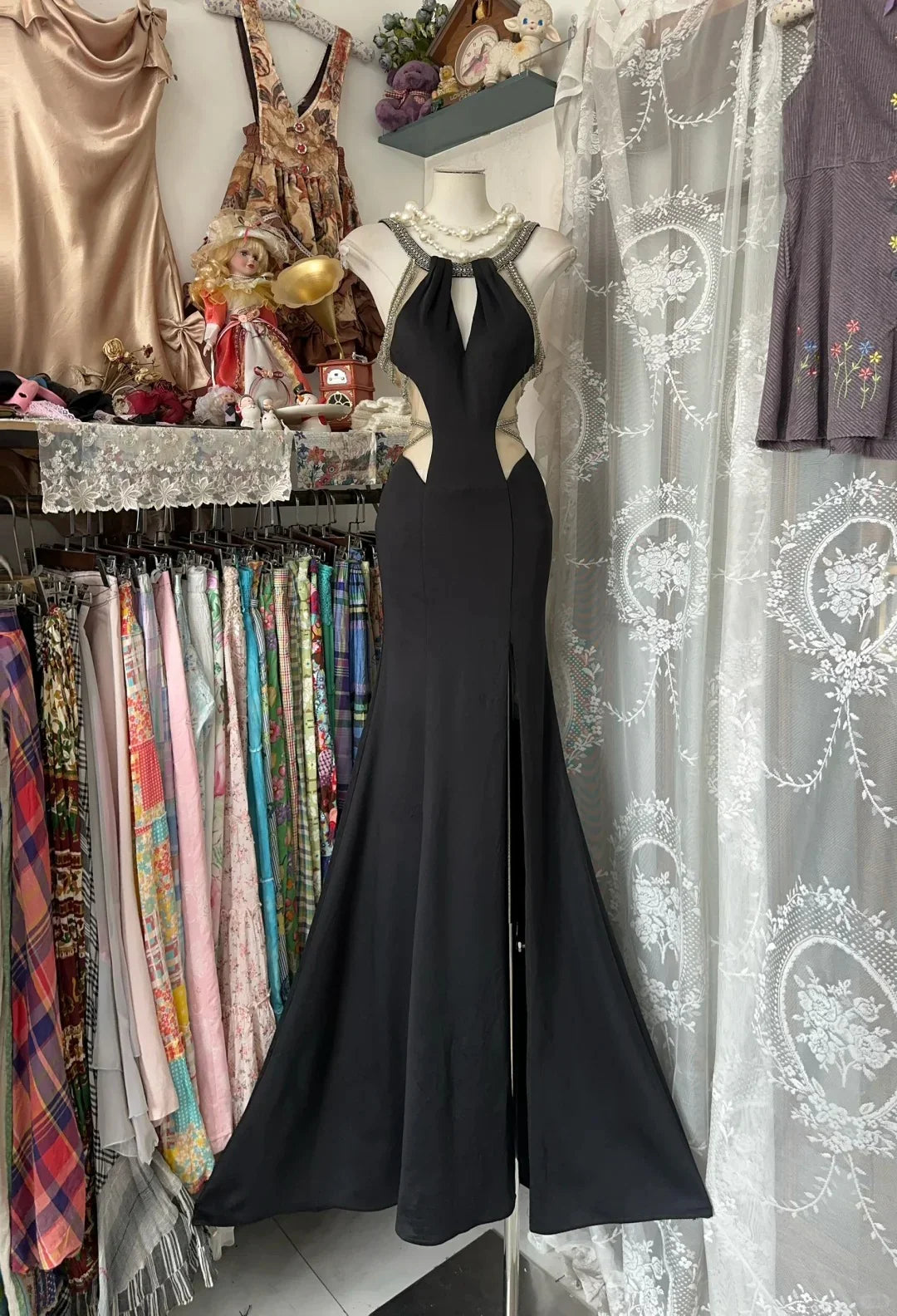 Black Mermaid Halter Sleeveless Beaded Maxi Prom Dress