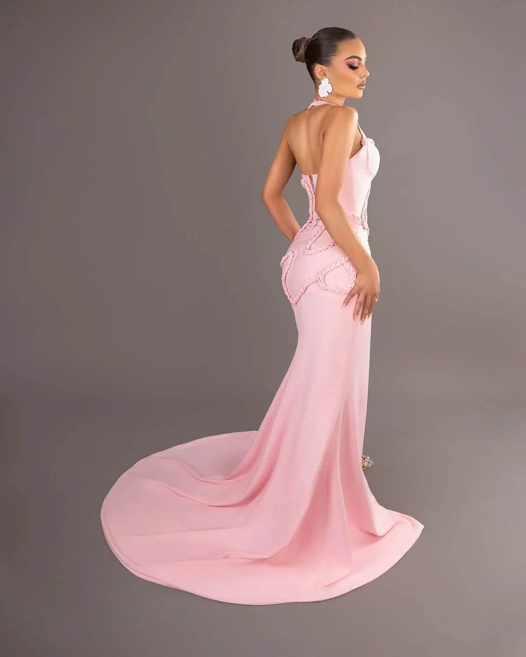 Pink Mermaid Halter Sleeveless Braided Maxi Prom Dress